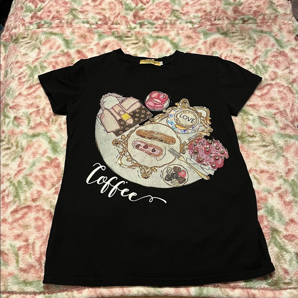 Vinizbena Womens Designed In Italy Coffee Love Rhinestone Black T-Shirt Small